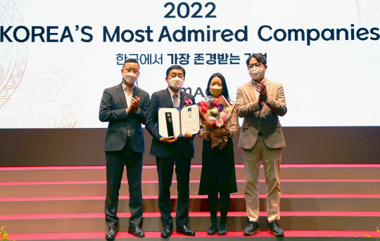 2일 서울시 중구 신라호텔에서 열린 '2022 한국에서 가장 존경받는 기업' 인증식에서 김광재(왼쪽에서 두번째) 신한금융지주 브랜드홍보본부장과 신한은행 사회공헌부 직원들이 기념 촬영을 하는 모습(신한은행 제공)